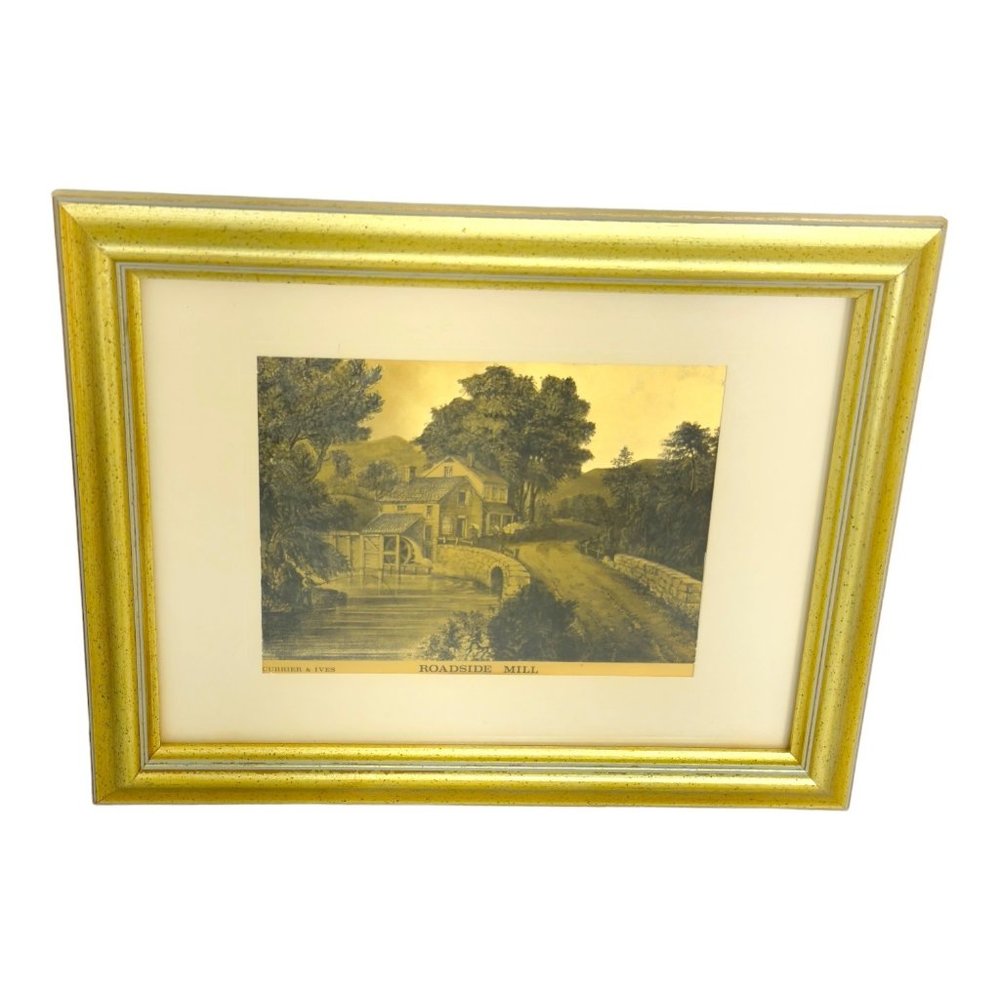 Currier and Ives England Roadside Mill 1974 Vintage Lithograph Foil Print 9x12